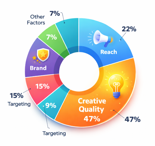 Pie chart showing factors contributing to advertising sales lift, with creative quality responsible for about 49% of campaign impact