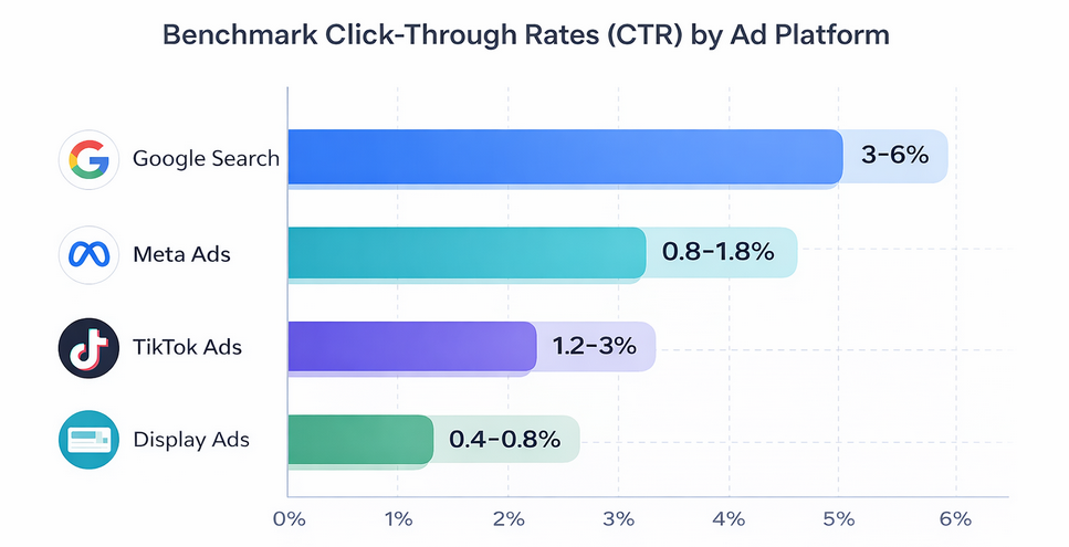 Bar chart showing average click-through rate benchmarks for Google Search, Meta Ads, TikTok Ads, and Display Ads