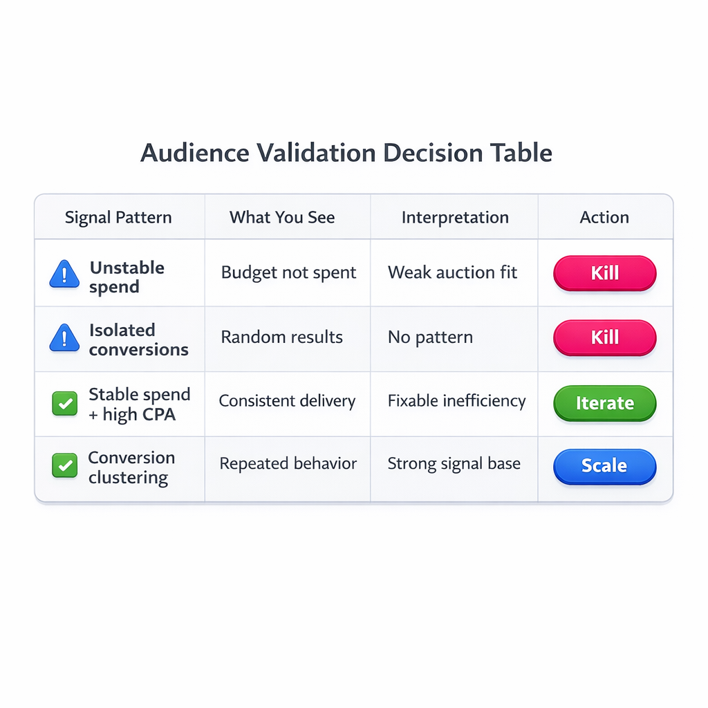 Audience validation decision table for kill, iterate, or scale actions