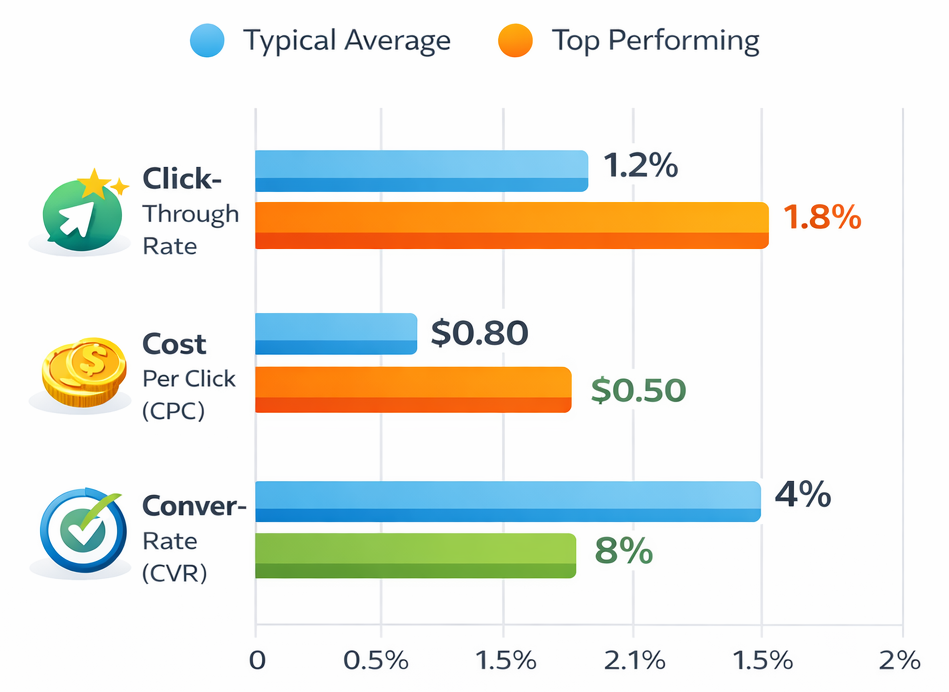 Bar chart comparing average creative performance benchmarks (CTR, CPC, CVR) with top-performing benchmarks for each metric