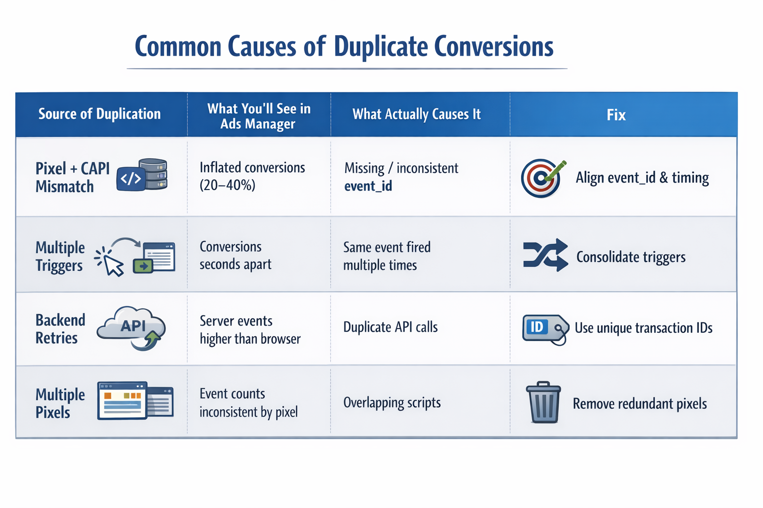 Duplicate conversion causes and fixes in Facebook Ads