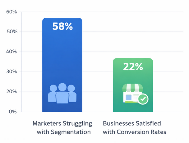 Bar chart showing 58% of marketers struggling with audience segmentation and only 22% of businesses satisfied with their conversion rates