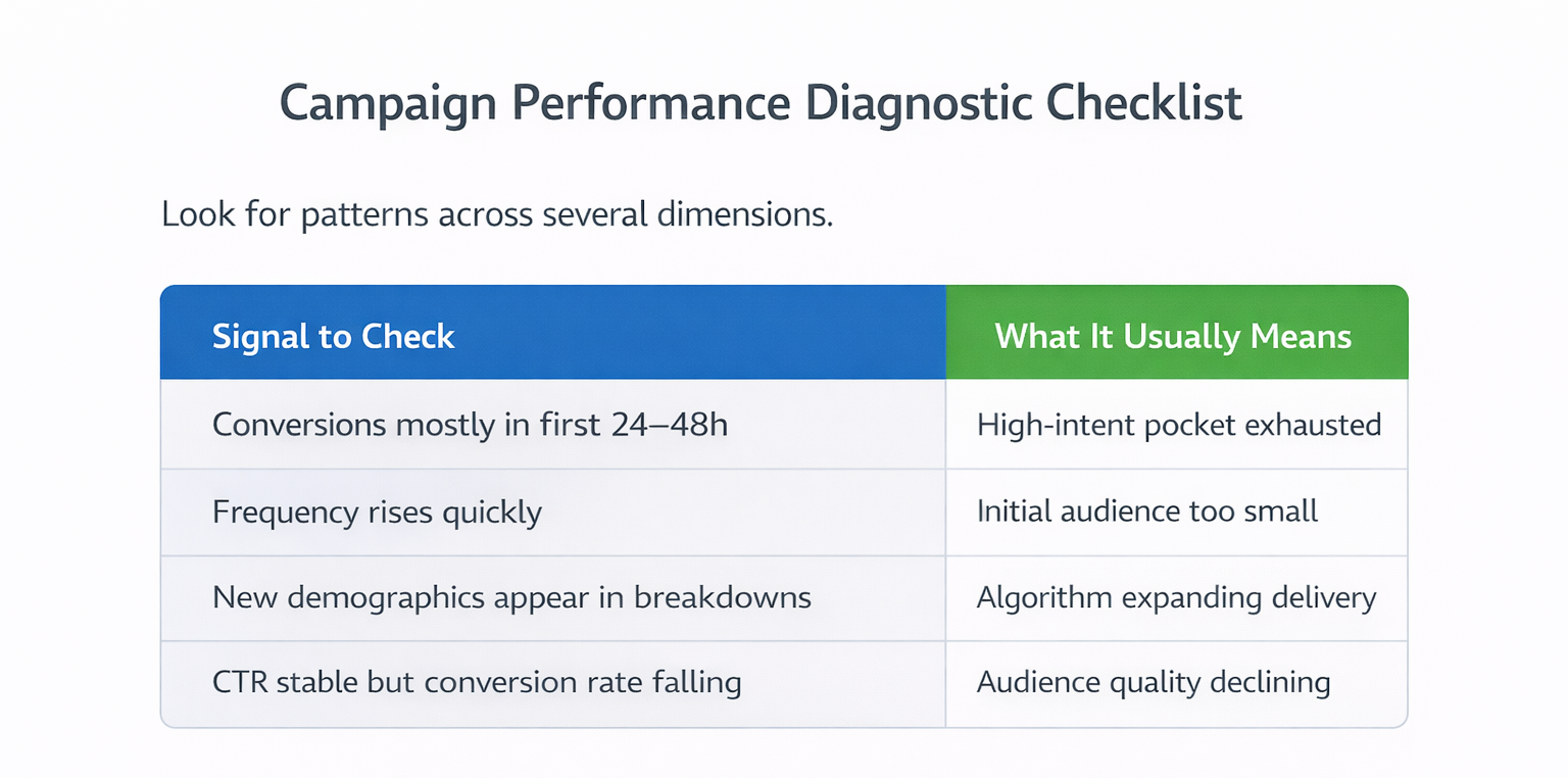 Table showing key signals that indicate Facebook campaign performance decline