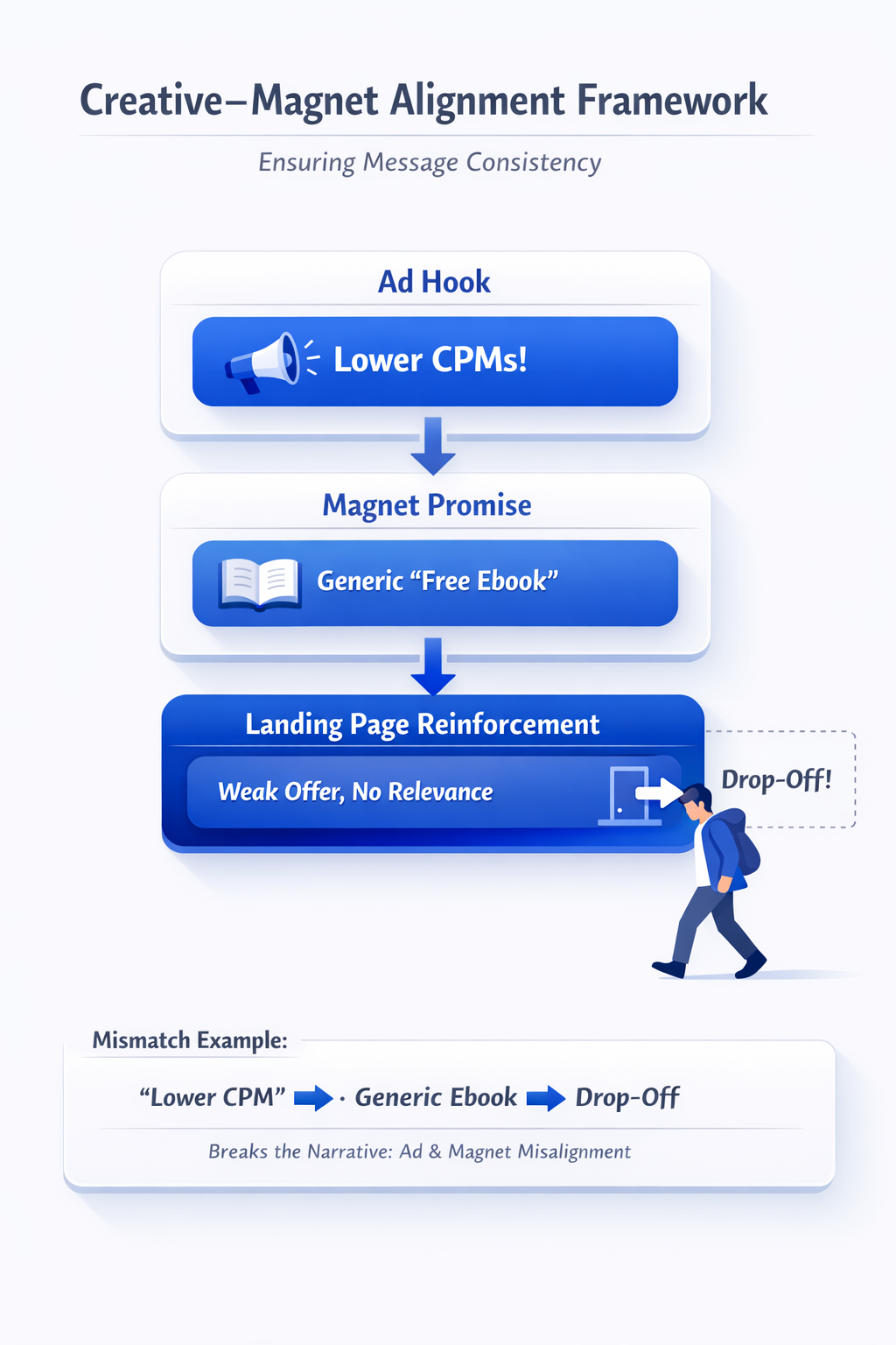 3-layer Creative&ndash;Magnet Alignment Framework diagram showing Ad Hook, Magnet Promise, and Landing Page Reinforcement with mismatch example causing drop-off in Meta ads funnel.