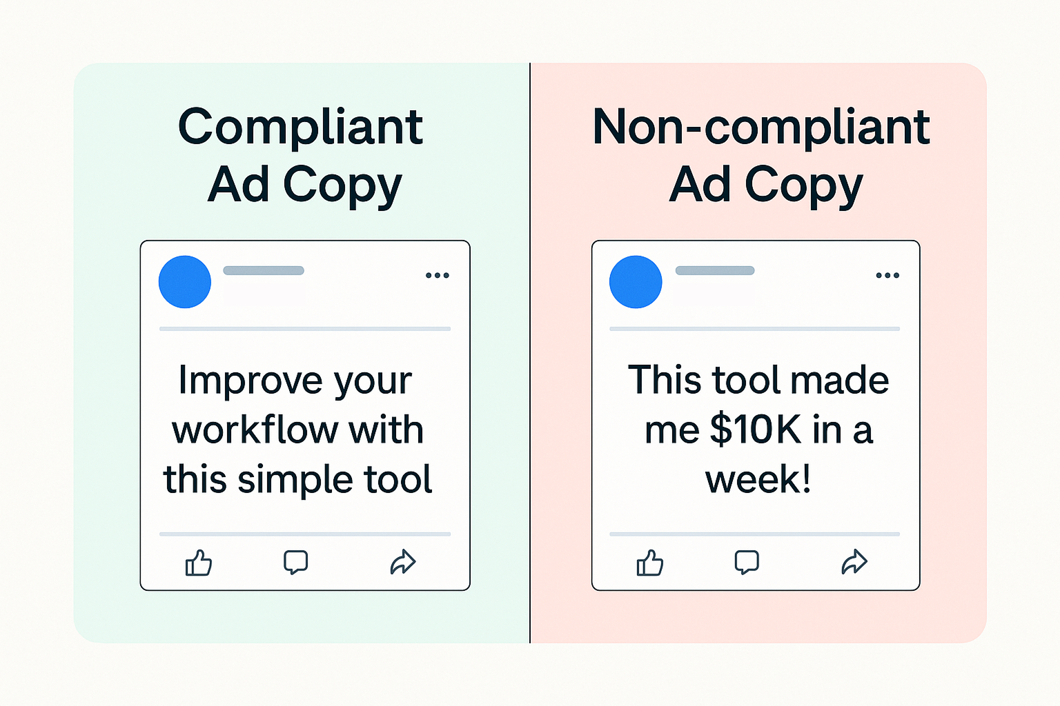 Side-by-side comparison of compliant and non-compliant Facebook ad examples.