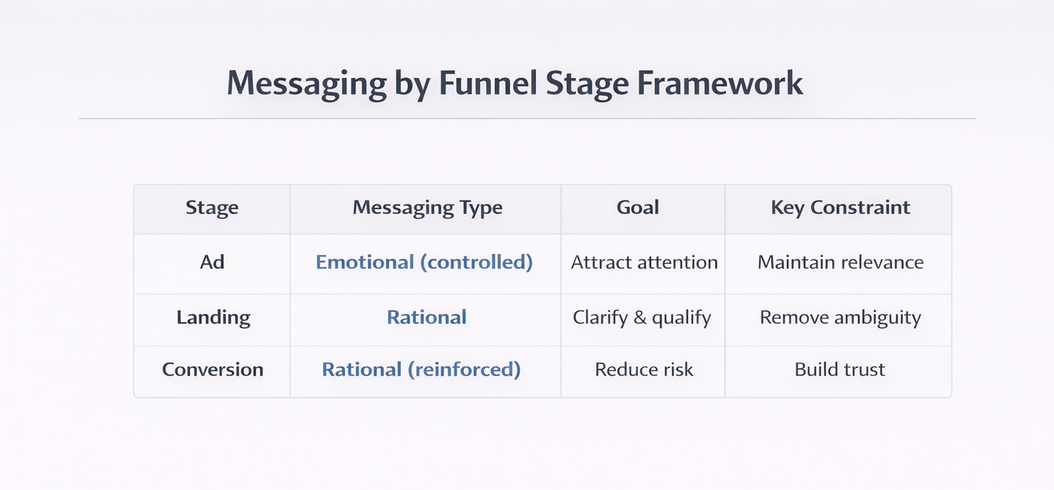 Messaging framework by funnel stage showing emotional and rational roles