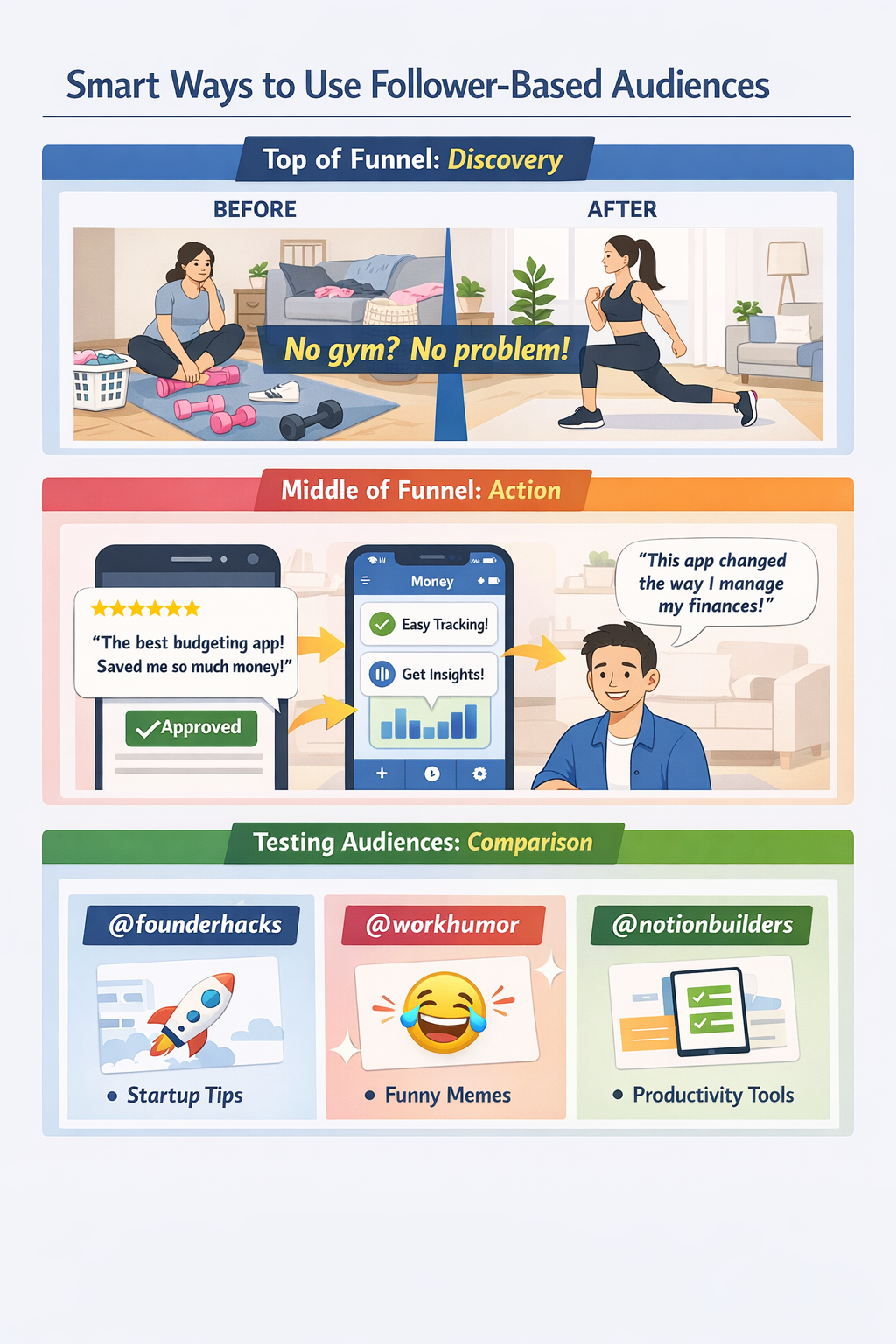 Infographic showing smart ways to use follower-based audiences in Instagram ads across different funnel stages