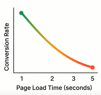 Line chart illustrating conversion rate falling as page load time increases from 1 to 5 seconds