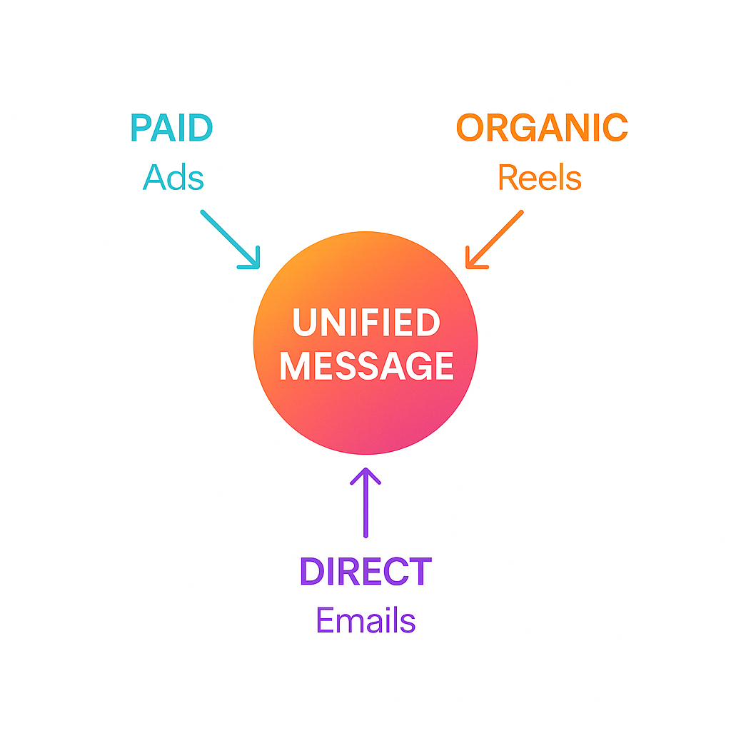 Colorful diagram showing Paid, Organic, and Direct channels pointing to a unified message.