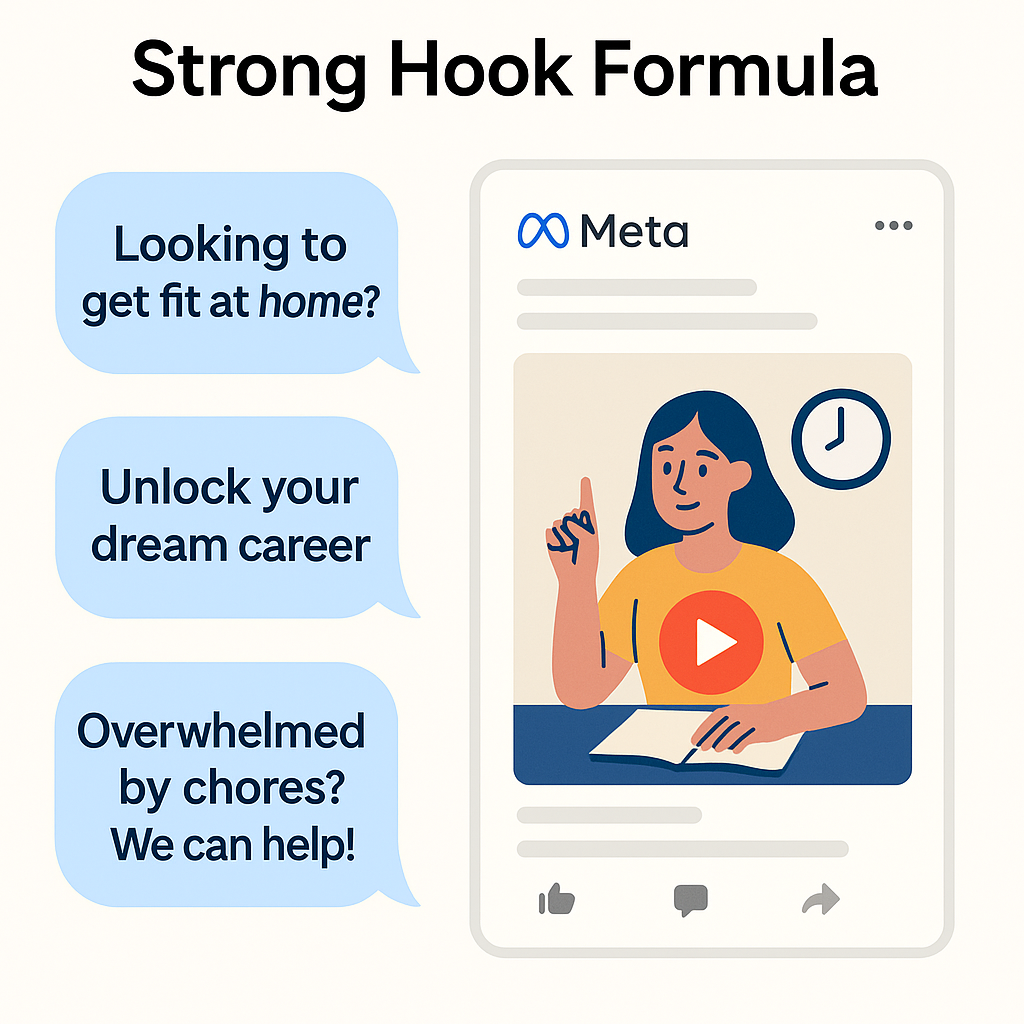 Infographic showing strong ad hook examples with a simple Facebook ad mockup
