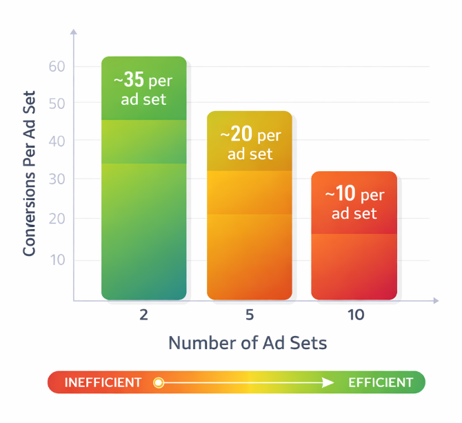 Chart showing how increasing the number of ad sets decreases conversions per ad set due to budget fragmentation