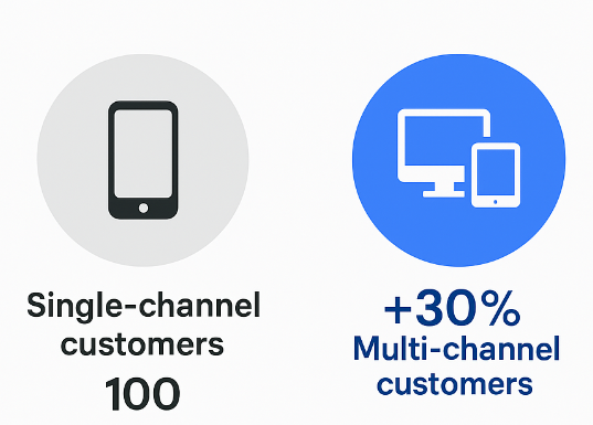 Infographic comparing spend of single-channel users (100) vs multi-channel users (130) showing a 30% higher spend for multi-channel engagement