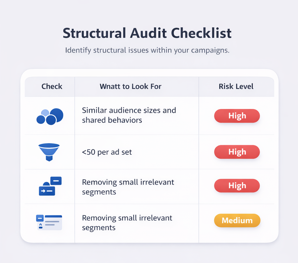 Structural audit checklist table for evaluating Facebook ad set overlap, event volume, and exclusions