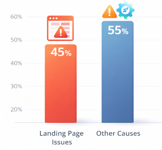 Bar chart comparing 45% of ad disapprovals due to landing page quality with 55% from other causes