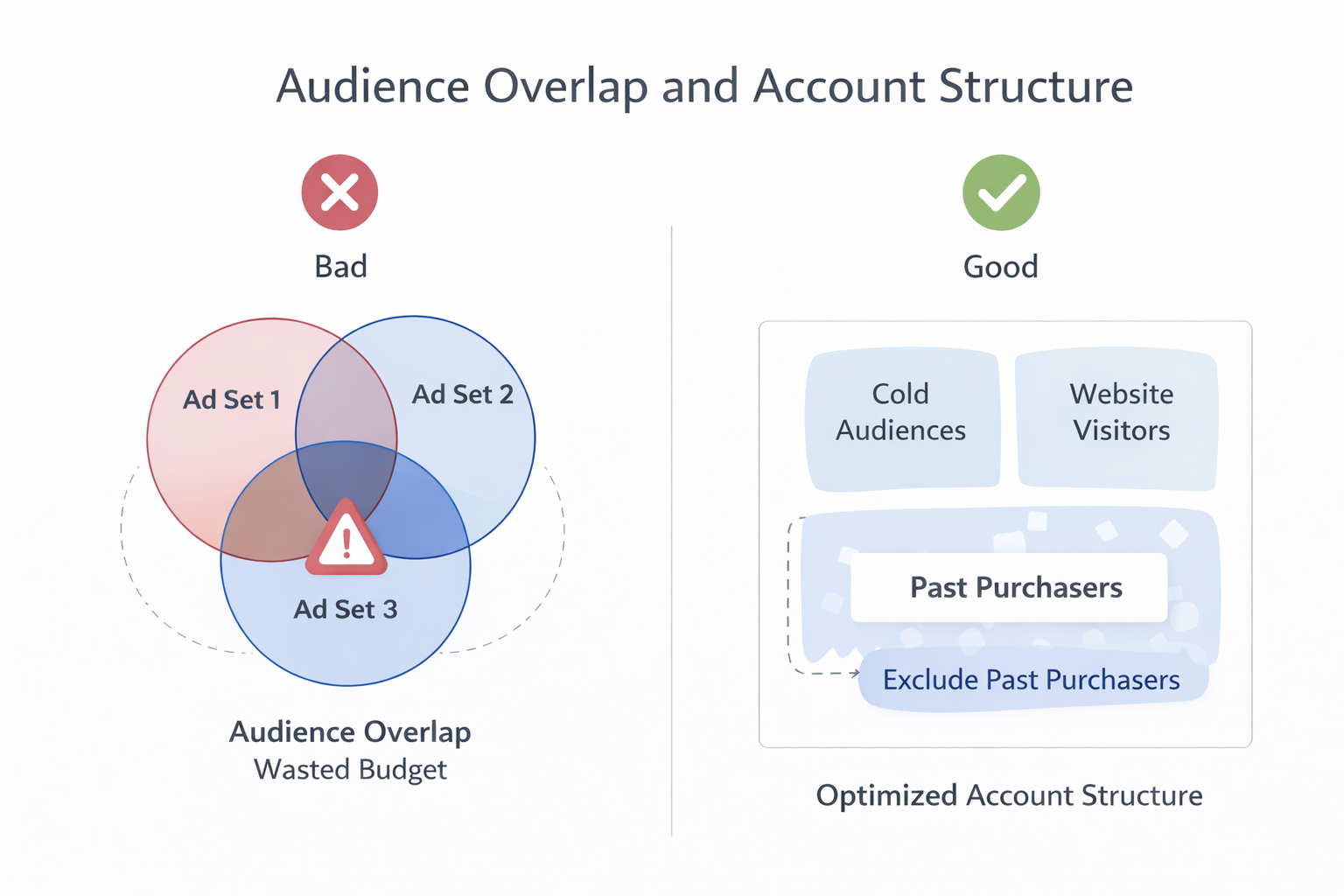Diagram comparing overlapping ad sets that waste budget with a clean, segmented Facebook Ads account structure that uses exclusions.