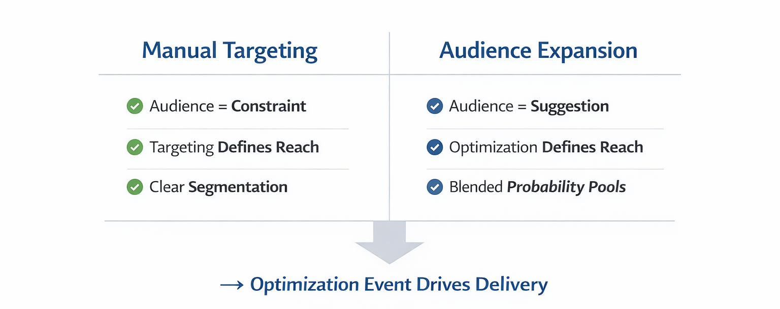 Two-column comparison showing how audience expansion shifts control from targeting constraints to optimization-driven delivery.