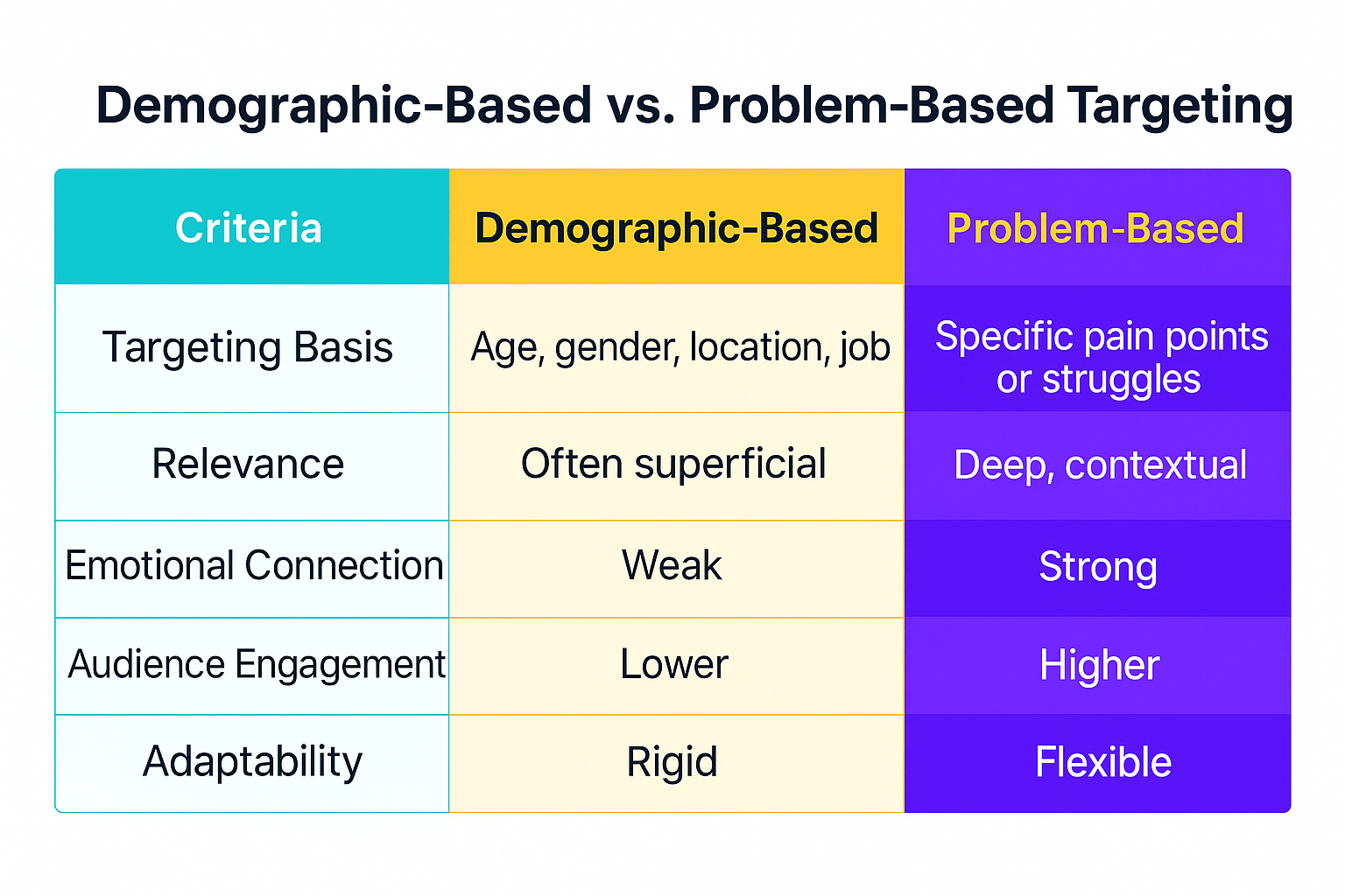 Colorful comparison table showing key differences between demographic-based and problem-based marketing, with left-aligned text across five criteria like targeting basis, relevance, and engagement.