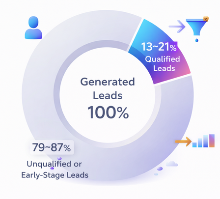 Donut chart showing that only 13&ndash;21 percent of generated marketing leads are qualified while the majority remain unqualified prospects