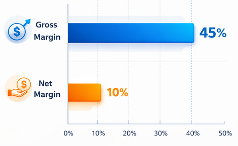 Horizontal bar chart showing average eCommerce gross profit margin at 45% and net profit margin at 10%.&rdquo;