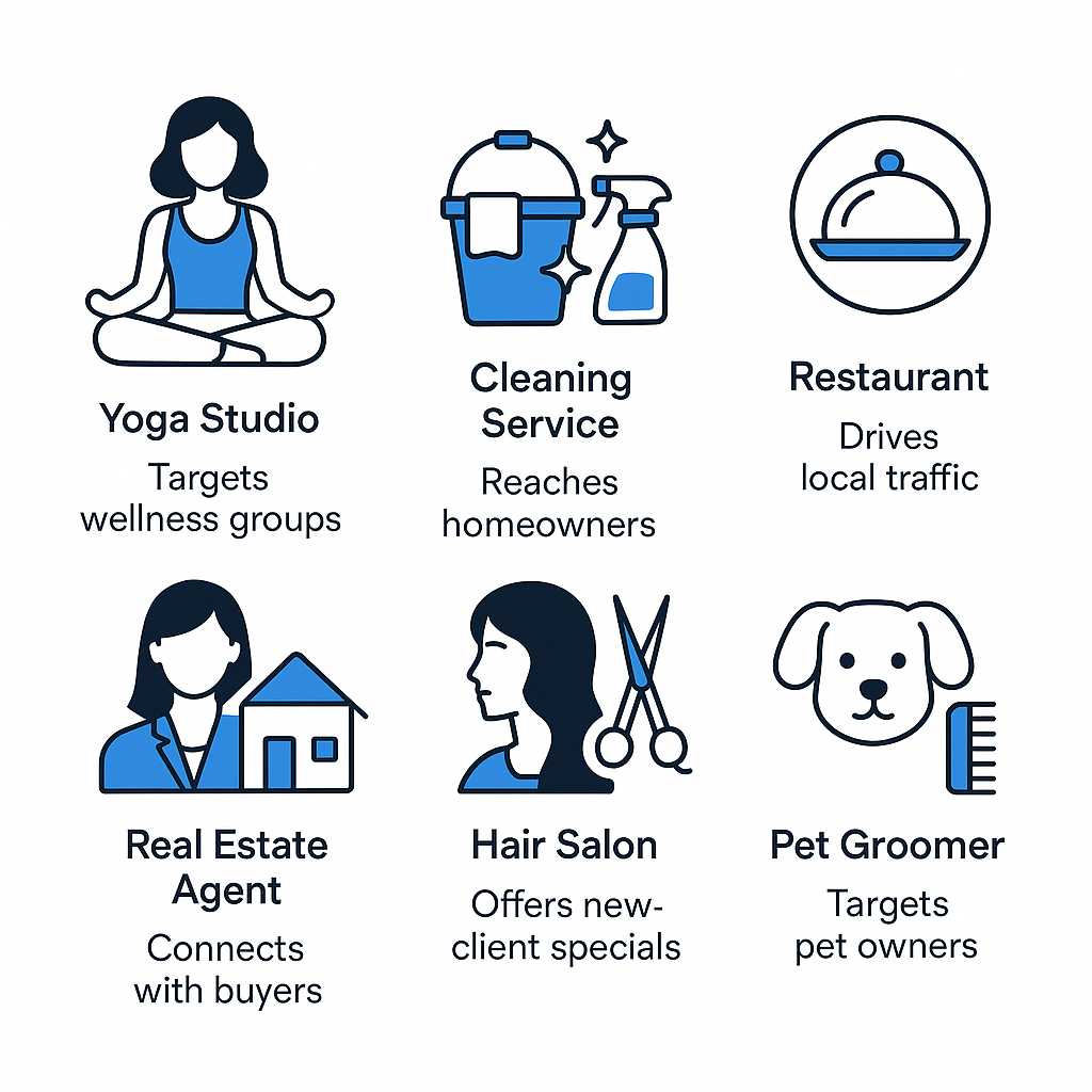 2x3 grid of local business types with captions showing targeting strategies for each