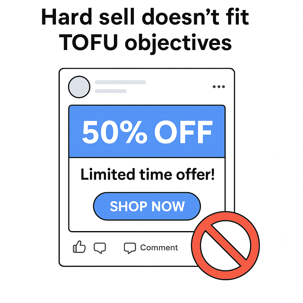 Side-by-side ad comparison showing a hard-sell sales ad misaligned with top-of-funnel audience intent, contrasted with a softer, value-driven ad.