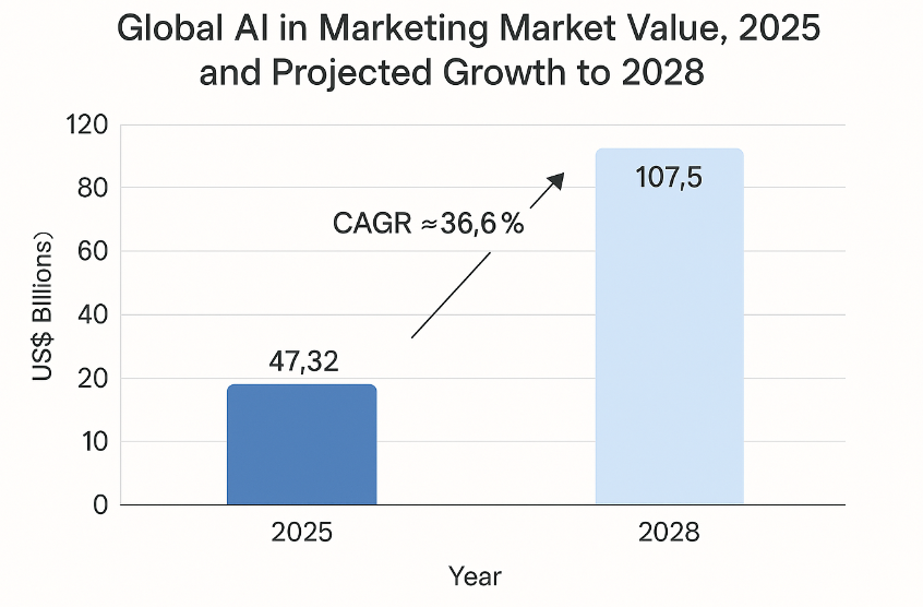 Bar chart showing global AI-in-marketing market at US $47.32 billion in 2025 and projected to reach US $107.5 billion by 2028 (CAGR ≈ 36.6%)