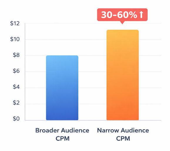 Bar chart comparing average CPM for broader audiences versus narrow audiences showing 30&ndash;60% higher cost for narrow segments