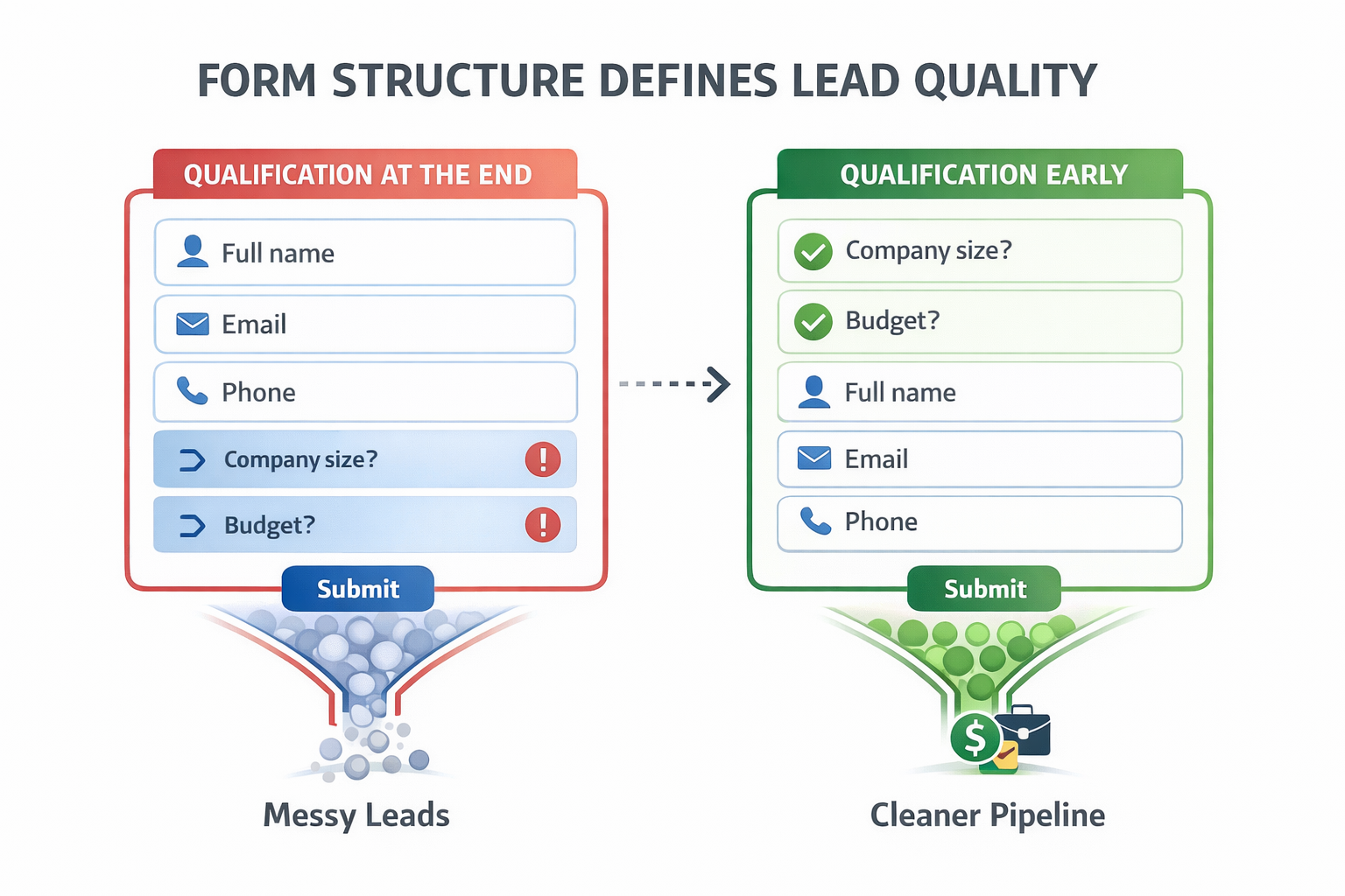 lead form structure comparison showing late qualification vs early qualification impact on lead quality