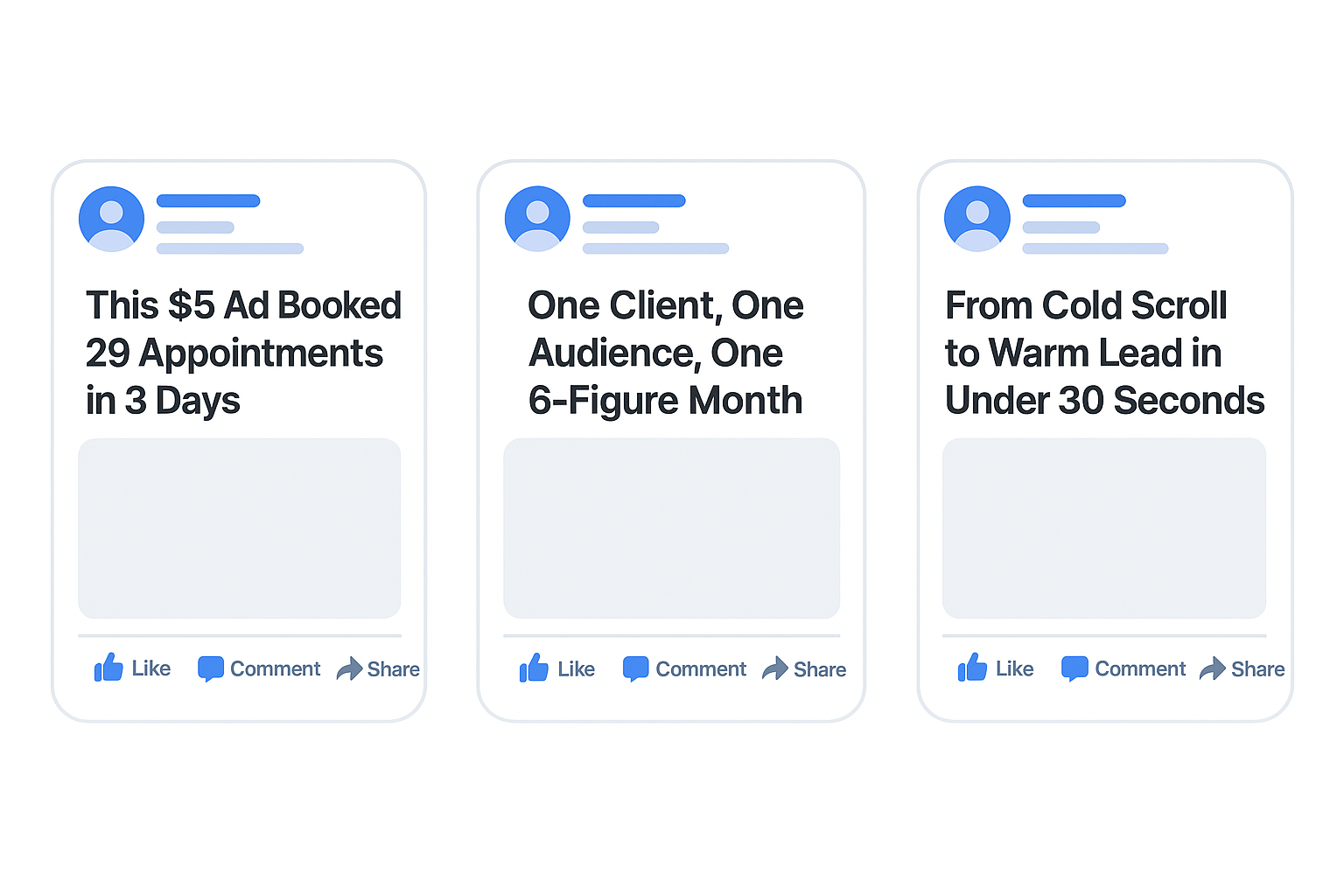 Three Facebook ad mockups showcasing visual headlines: "$5 Ad Booked 29 Appointments," "One 6-Figure Month," and "From Cold Scroll to Warm Lead."