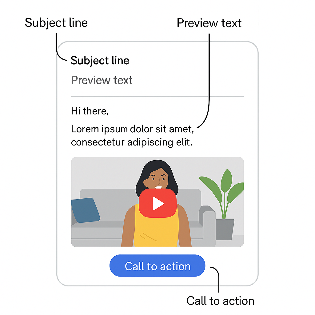Annotated email mockup showing subject line, preview text, embedded video thumbnail, and call-to-action button.