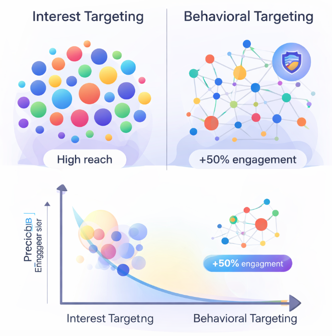 Infographic showing the trade-off between interest targeting and behavioral targeting: interest targeting reaches larger audiences, while behavioral targeting achieves higher engagement but with smaller, data-limited audiences