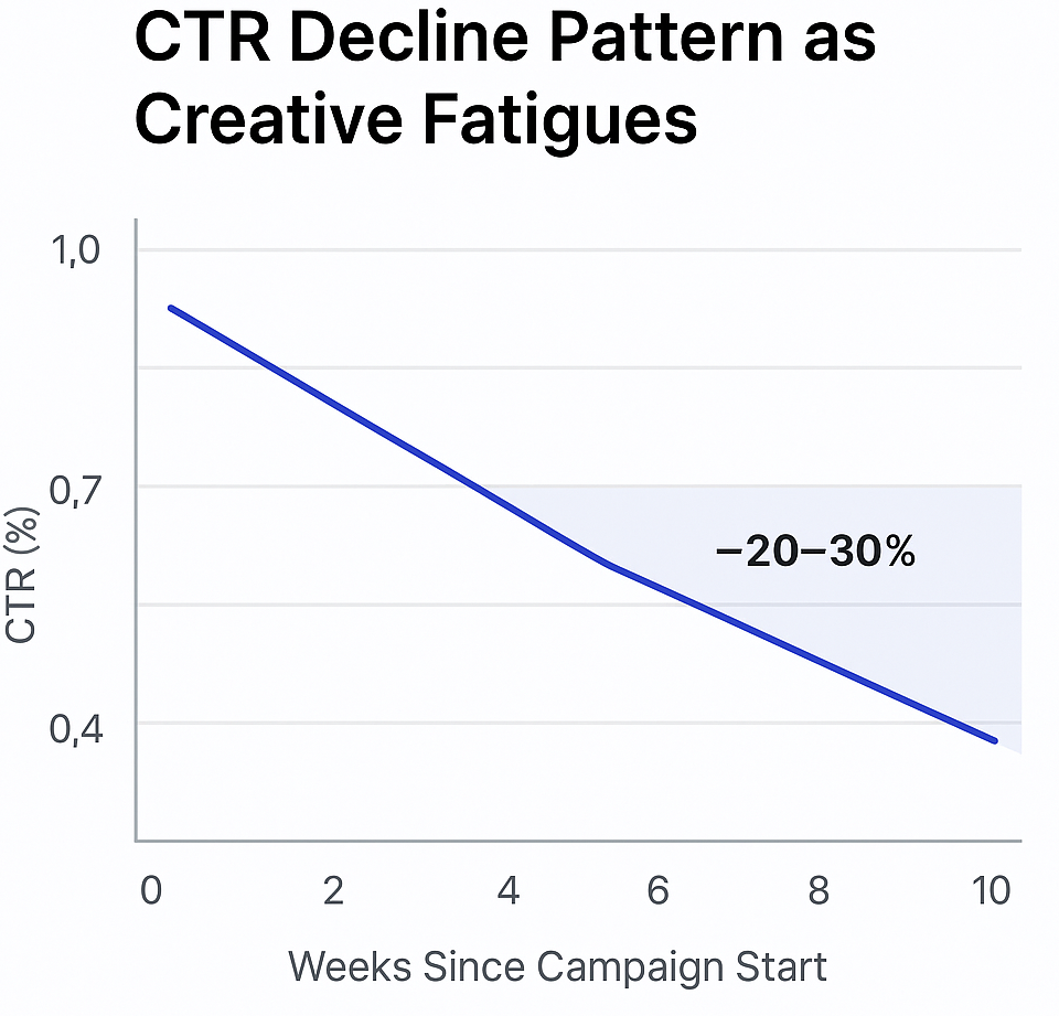Line graph showing a typical click-through rate decline over multiple weeks, dropping about 20–30% as ads fatigue