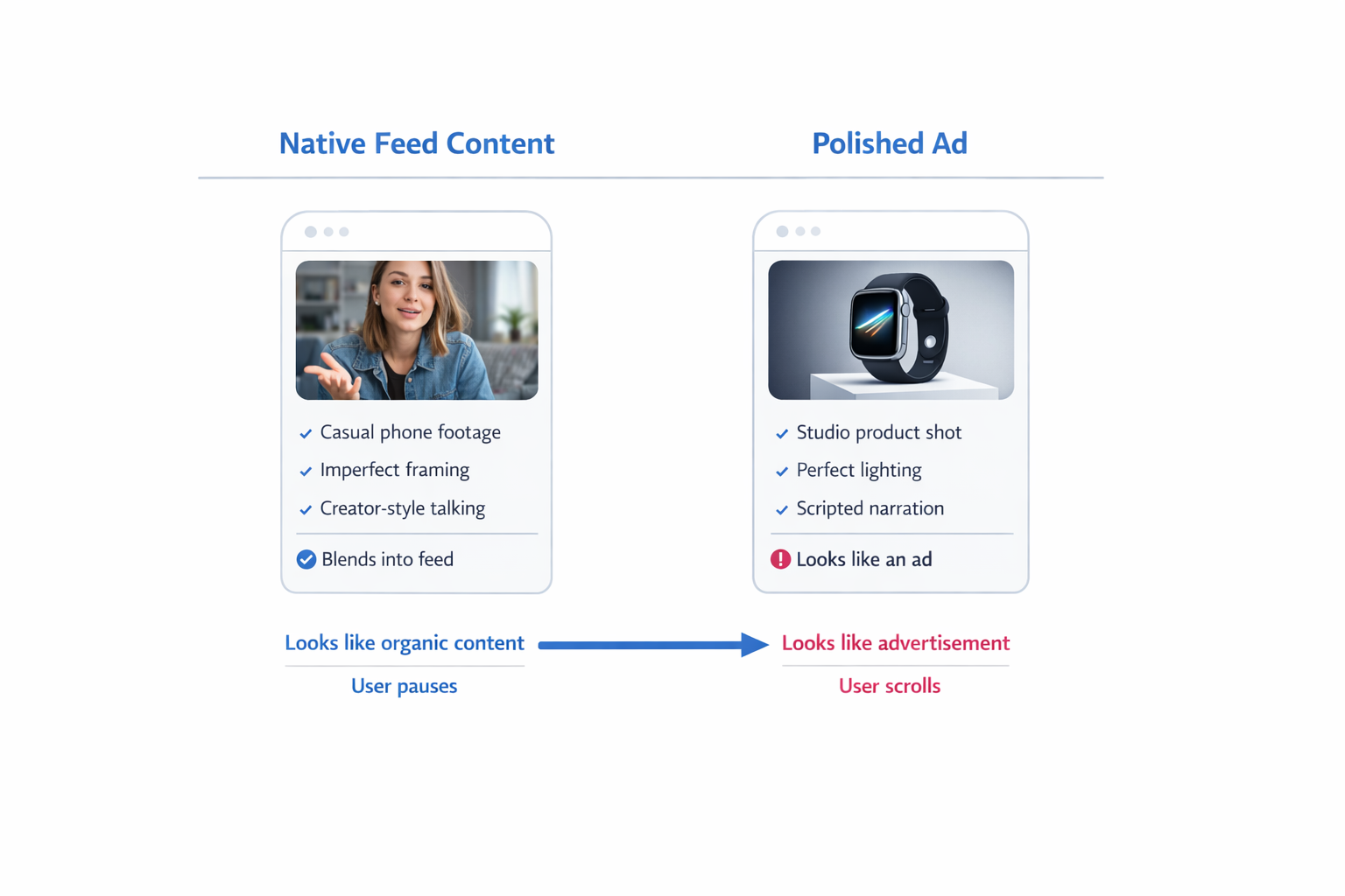 Comparison showing native-style social media content vs polished ad creative and how users pause on organic-looking posts but scroll past obvious ads.