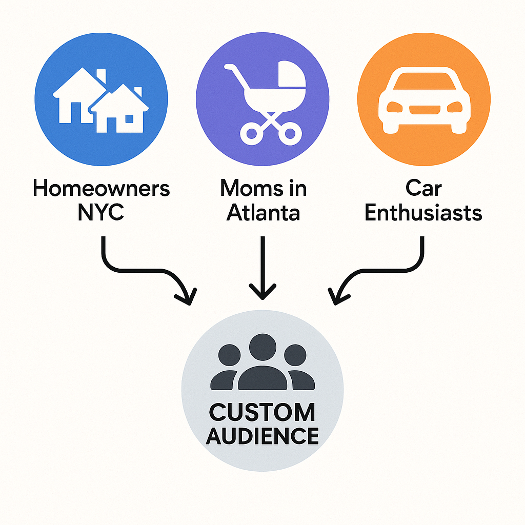 Diagram showing Facebook Groups like “Homeowners NYC” and “Moms in Atlanta” feeding into a central Custom Audience via arrows.
