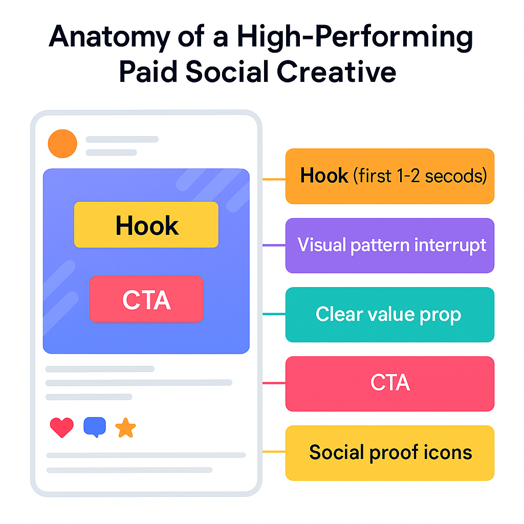 Infographic showing key elements of a high-performing paid social ad, including hook, visual pattern interrupt, value proposition, CTA, and social proof icons.