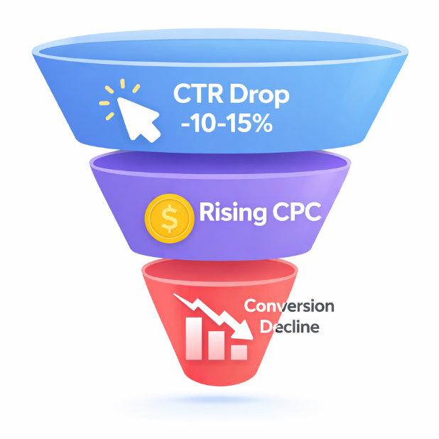 Funnel diagram illustrating early signs of creative fatigue, starting with CTR decline, followed by rising cost per click, and ending with conversion rate decrease