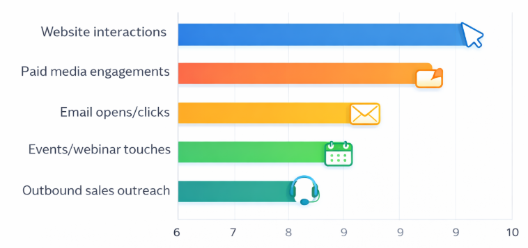 Bar chart showing B2B buyers engaging in 6&ndash;10 interactions across channels such as website, paid media, email, events, and sales outreach before conversion