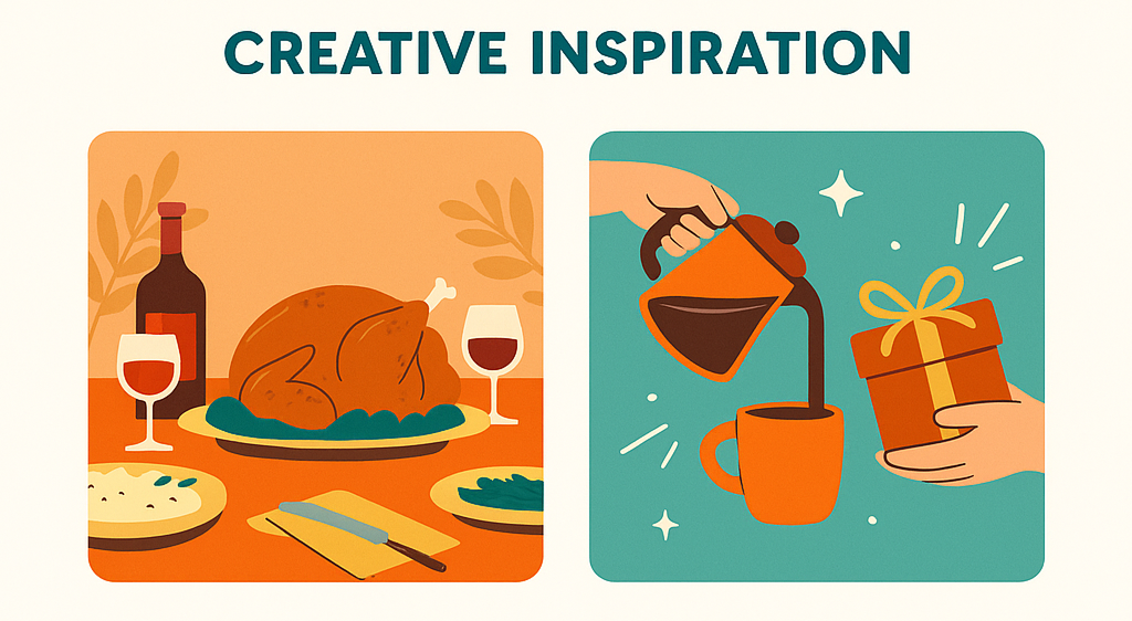 Illustrated grid of four Thanksgiving ad ideas: dinner scene, gifting motion, poll ad, and before/after plate.