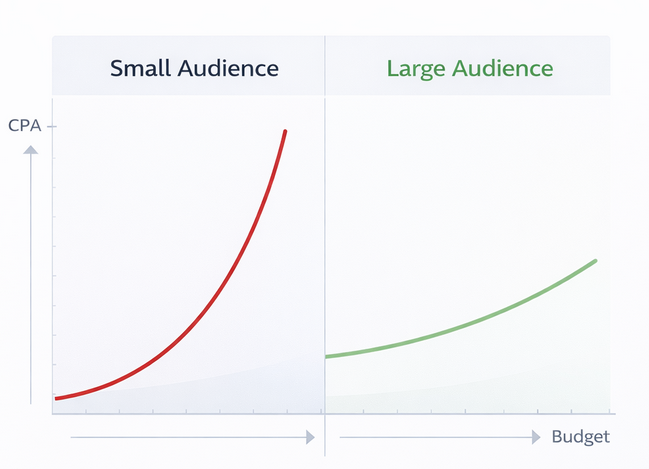 Line graph comparing CPA growth for small versus large audiences as budget increases, showing a steeper increase for small audiences