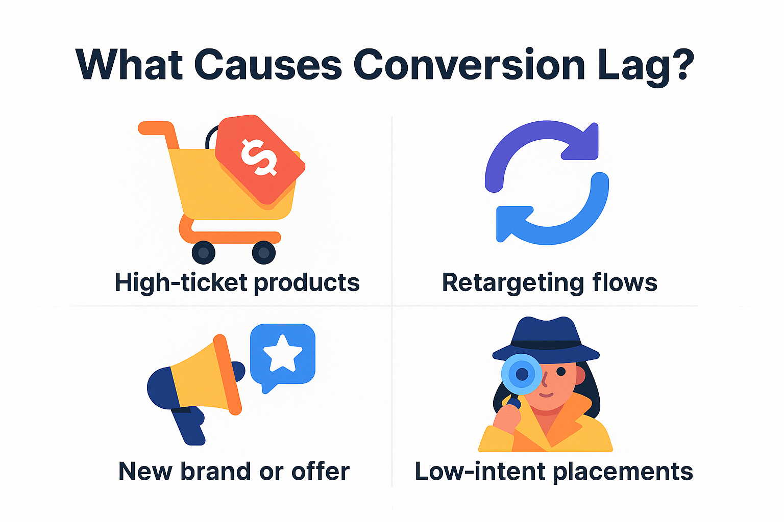 Infographic showing four causes of Facebook ad conversion lag: high-ticket products, retargeting flows, new brand or offer, and low-intent placements, each with a colorful icon.