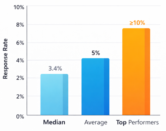 Bar chart comparing cold outreach response rates: average ~5%, top performers ≥10%, median ~3.4%