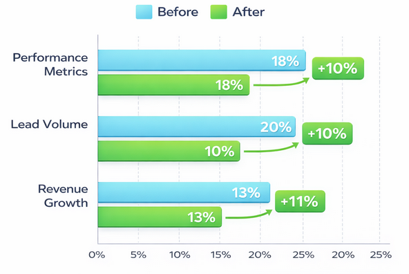 Bar chart showing percentage improvements in performance metrics, lead volume, and revenue growth after optimizing campaign structure