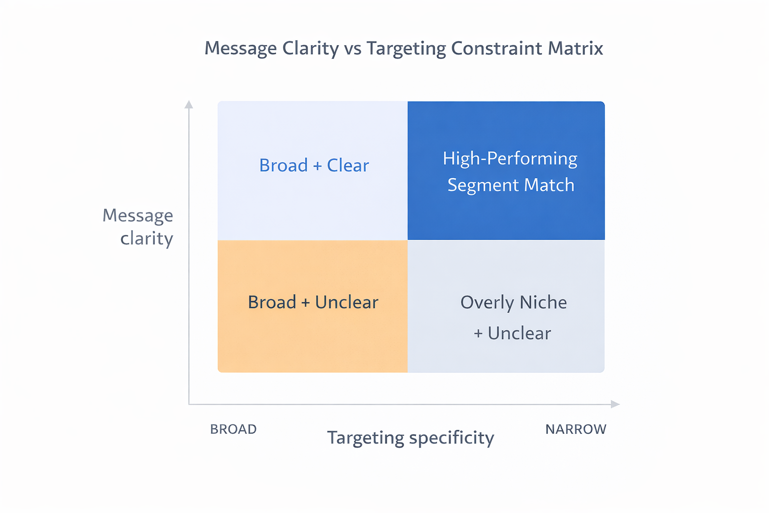 2x2 matrix chart showing how message clarity and targeting specificity affect Facebook ad performance, with quadrants for broad + unclear, broad + clear, overly niche + unclear, and high-performing segment match.