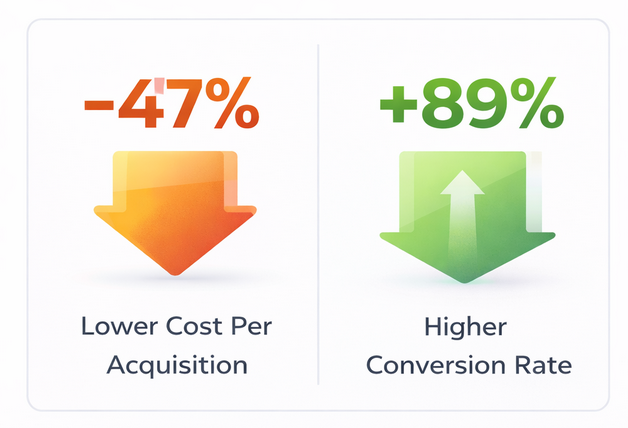 Infographic showing 47% lower cost per acquisition and 89% higher conversion rate with behavioral targeting