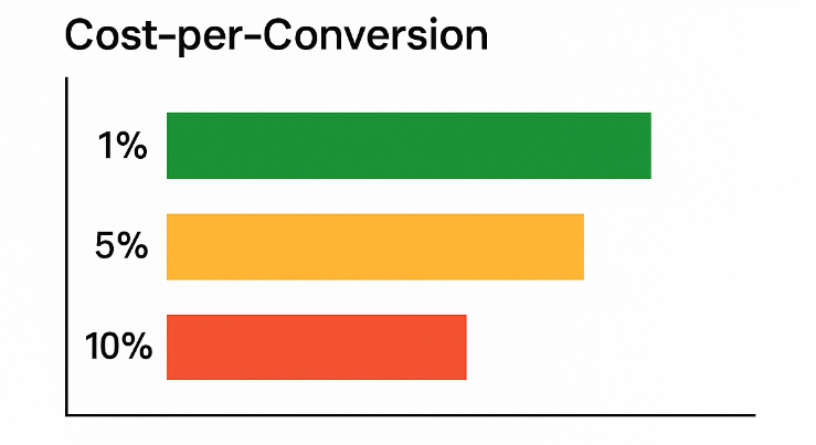 Bar chart showing cost-per-conversion for Lookalike Audience tiers: 1% lowest cost, 5% medium, 10% ~70% higher cost than 1%