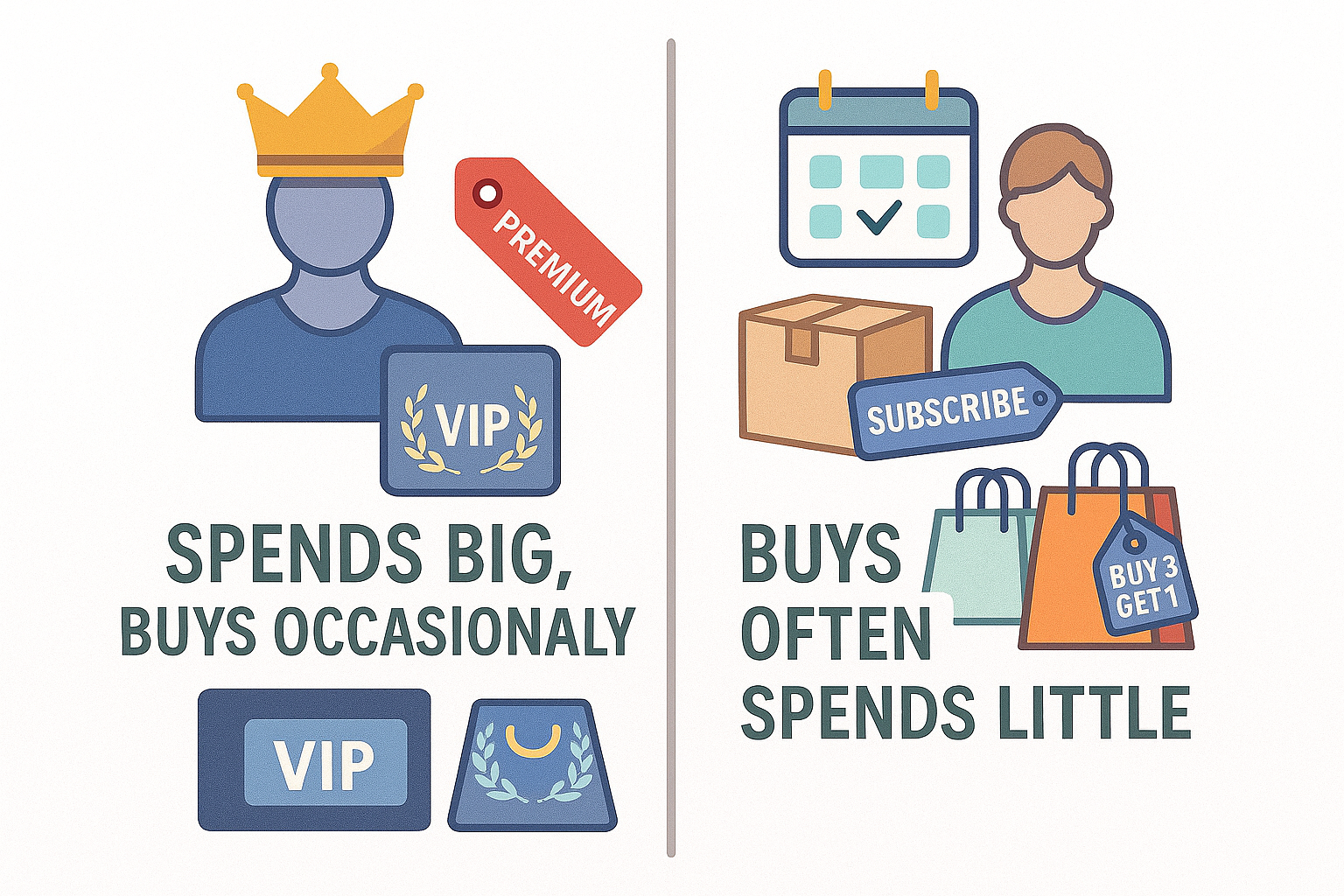 Split infographic comparing high-value occasional buyers and frequent low-spend shoppers using icons like VIP cards, crowns, subscriptions, and shopping bags.
