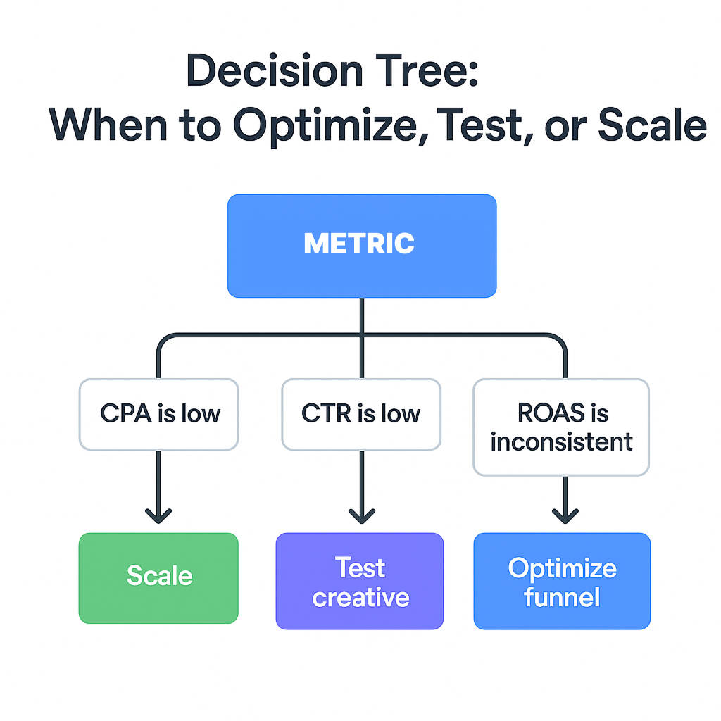 A decision tree diagram showing how to decide between scaling, testing creative, or optimizing the funnel based on CPA, CTR, and ROAS performance.