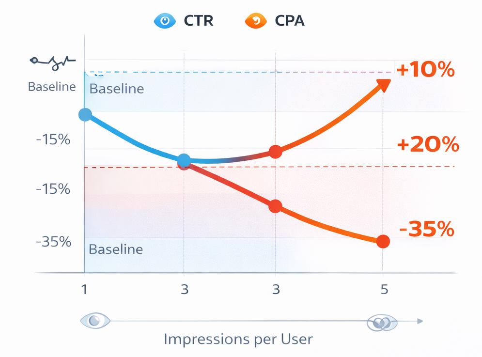 Line graph illustrating decrease in CTR and increase in CPA as ad impressions per user grow
