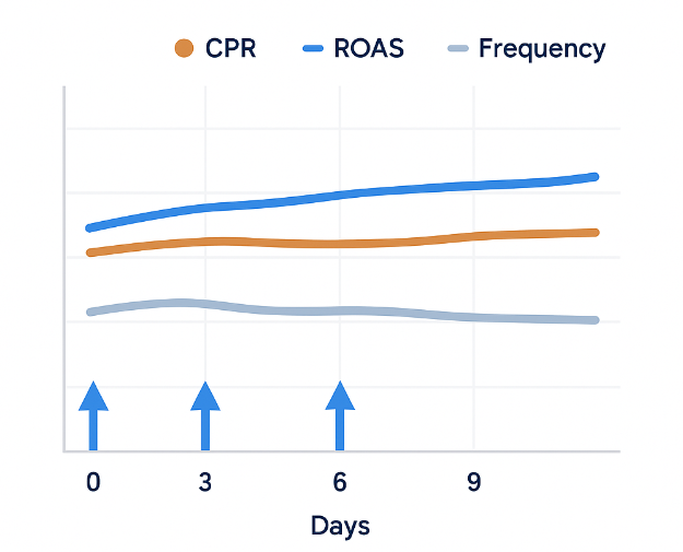 Line chart showing cost per result, ROAS, and frequency evolving over time during a gradual scaling process
