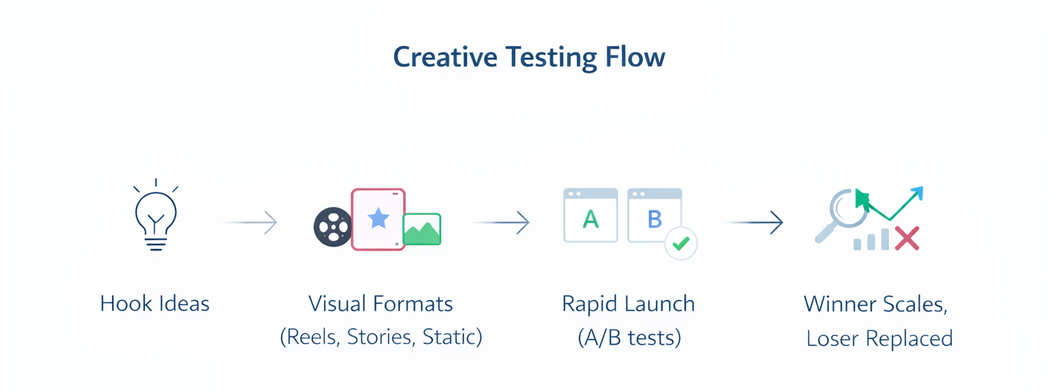 Minimal horizontal flowchart showing five steps of creative testing for social media ads &mdash; from hook ideas to scaling winners.